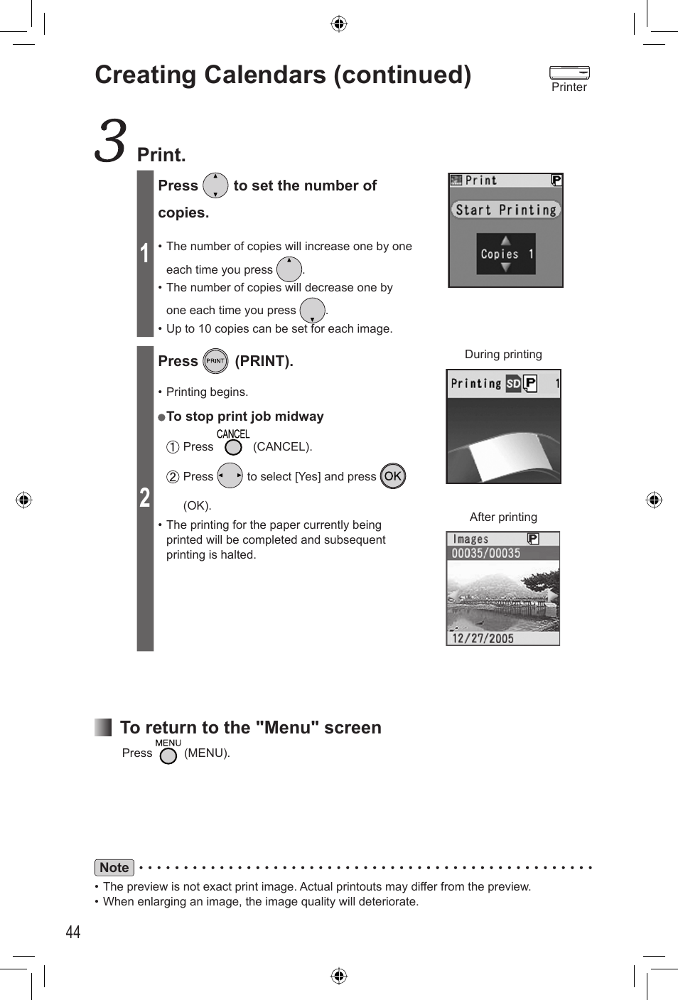 Creating calendars (continued), Print | Panasonic KX-PX2M User Manual | Page 44 / 80