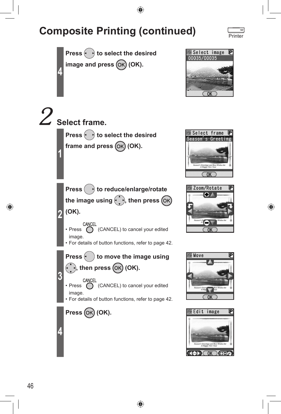 Composite printing (continued), Select frame | Panasonic KX-PX2M User Manual | Page 46 / 80