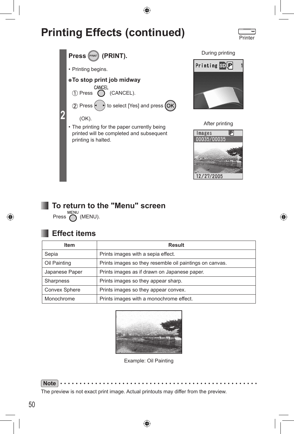 Printing effects (continued), Effect items | Panasonic KX-PX2M User Manual | Page 50 / 80