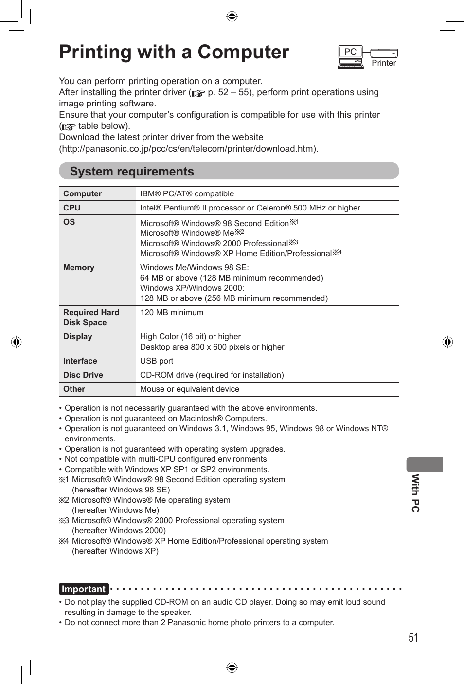 With pc, Printing with a computer, System requirements | Panasonic KX-PX2M User Manual | Page 51 / 80