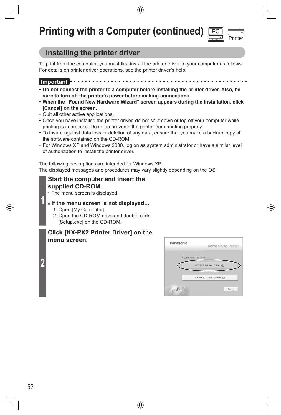 Printing with a computer (continued), 52 installing the printer driver | Panasonic KX-PX2M User Manual | Page 52 / 80