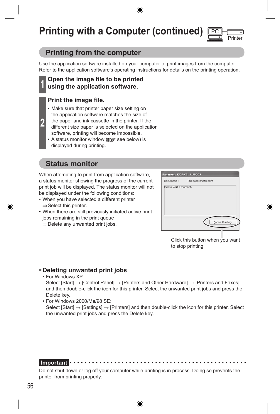 Printing with a computer (continued), 56 printing from the computer, Status monitor | Panasonic KX-PX2M User Manual | Page 56 / 80