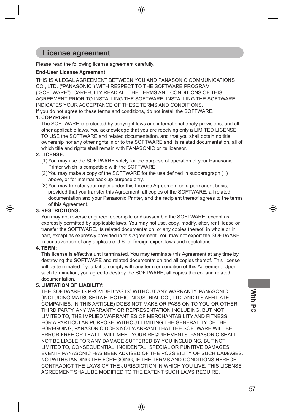 57 license agreement | Panasonic KX-PX2M User Manual | Page 57 / 80