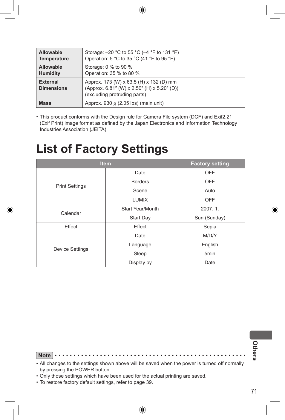 List of factory settings | Panasonic KX-PX2M User Manual | Page 71 / 80