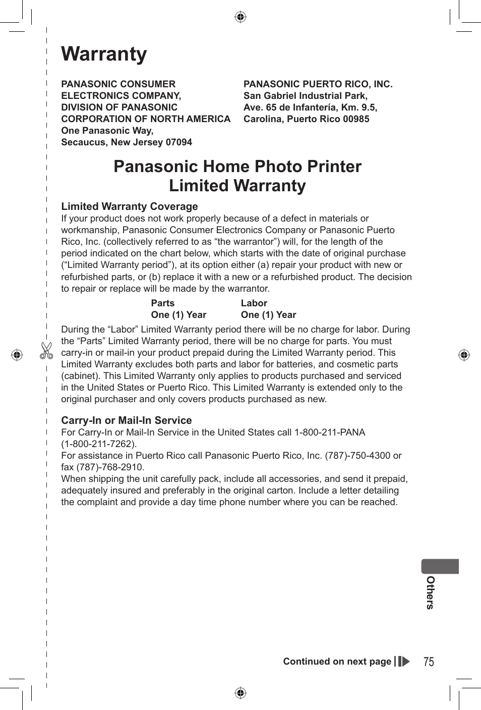 Warranty, Panasonic home photo printer limited warranty | Panasonic KX-PX2M User Manual | Page 75 / 80