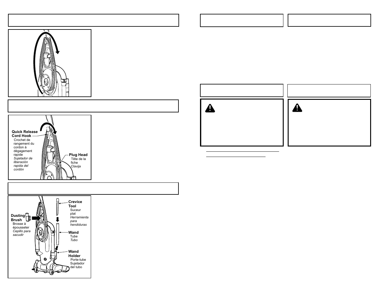 Cord assembly, Using cord hook, Tool storage | Advertencia, Avertissement | Panasonic MC-V5485 User Manual | Page 14 / 52