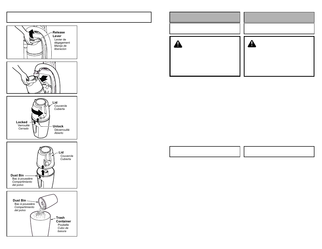 Fonctionnement, Cordon d'alimentation, Interrupteur | Para operar la aspiradora, Cordon electrico, Control on-off, Advertencia, Avertissement, Dust bin cleaning, Para operar la aspiradora fonctionnement | Panasonic MC-V5485 User Manual | Page 21 / 52