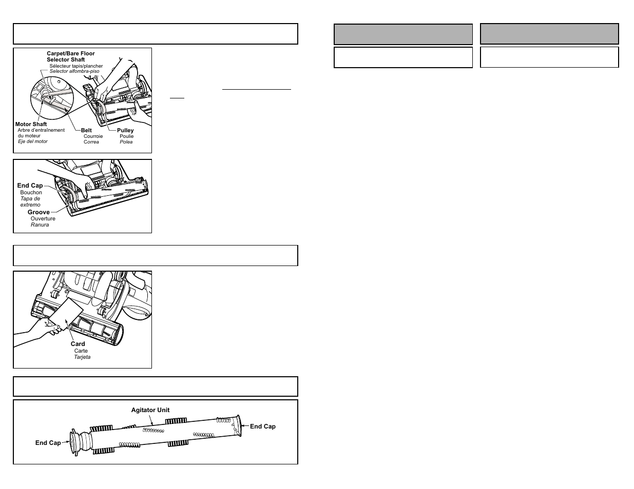 Replacing belt, Replacing agitator, Agitator assembly | Préparatifs como comenzar, Replacing agitator agitator assembly | Panasonic MC-V5485 User Manual | Page 40 / 52