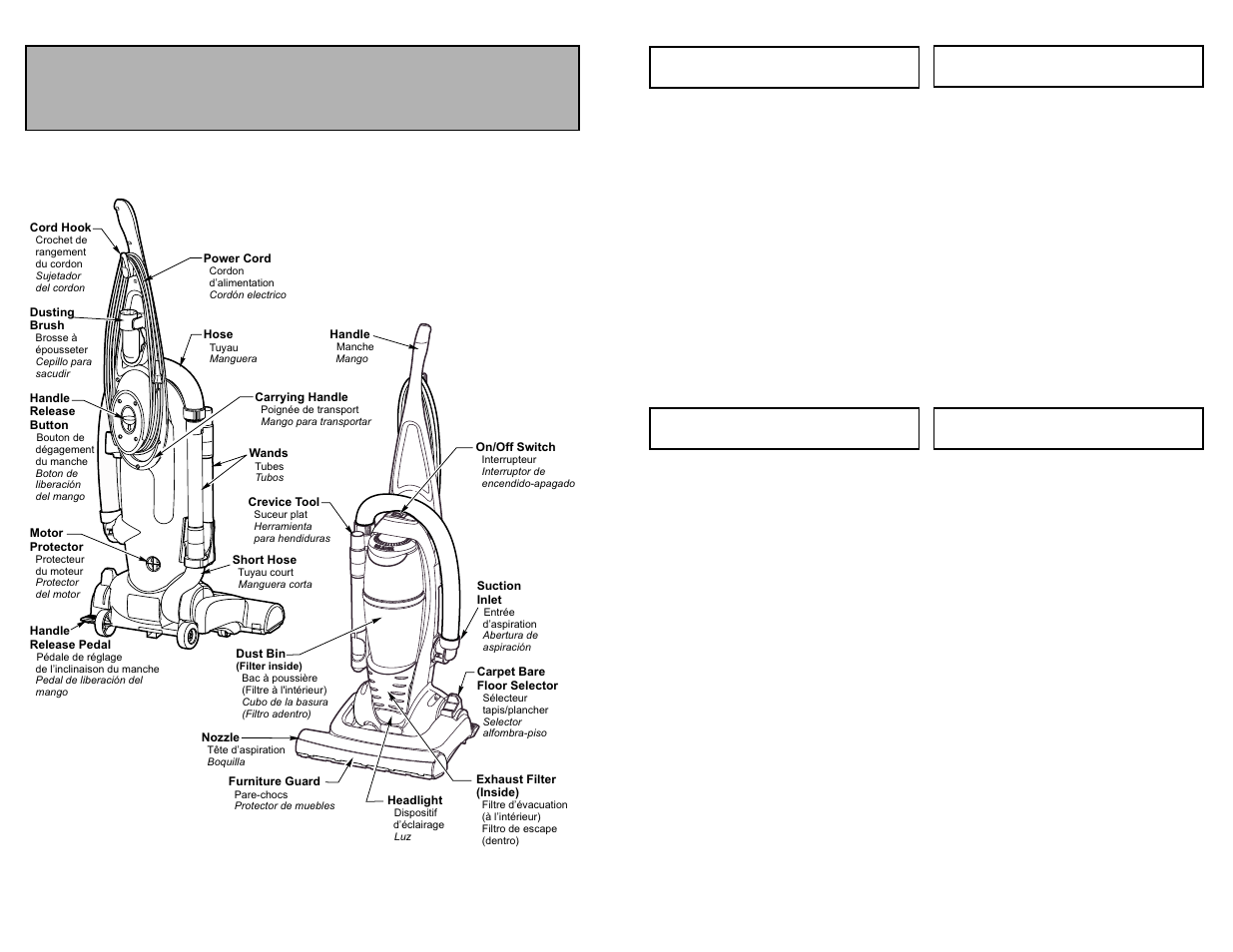 Nettoyage du boitier, Degagement des obstructions, Limpieza del exterior | Quitar los residuos de basura en los conductos, Parts identification, Nomenclature identificación de pieza | Panasonic MC-V5485 User Manual | Page 43 / 52