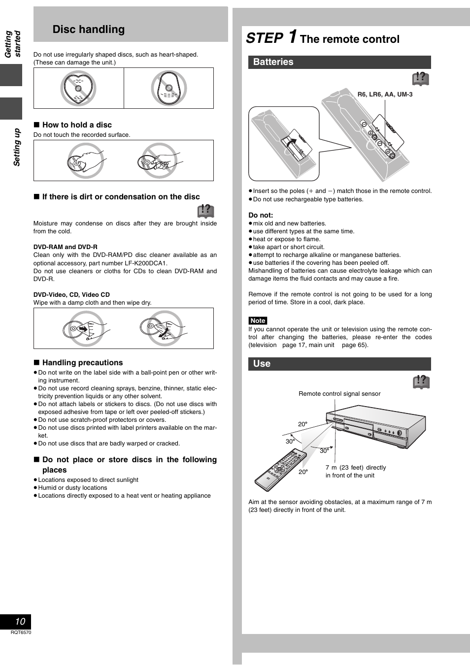 Disc handling, Setting up, Step 1 the remote control | Step, The remote control, Batteries use | Panasonic DMR-HS2 User Manual | Page 10 / 76