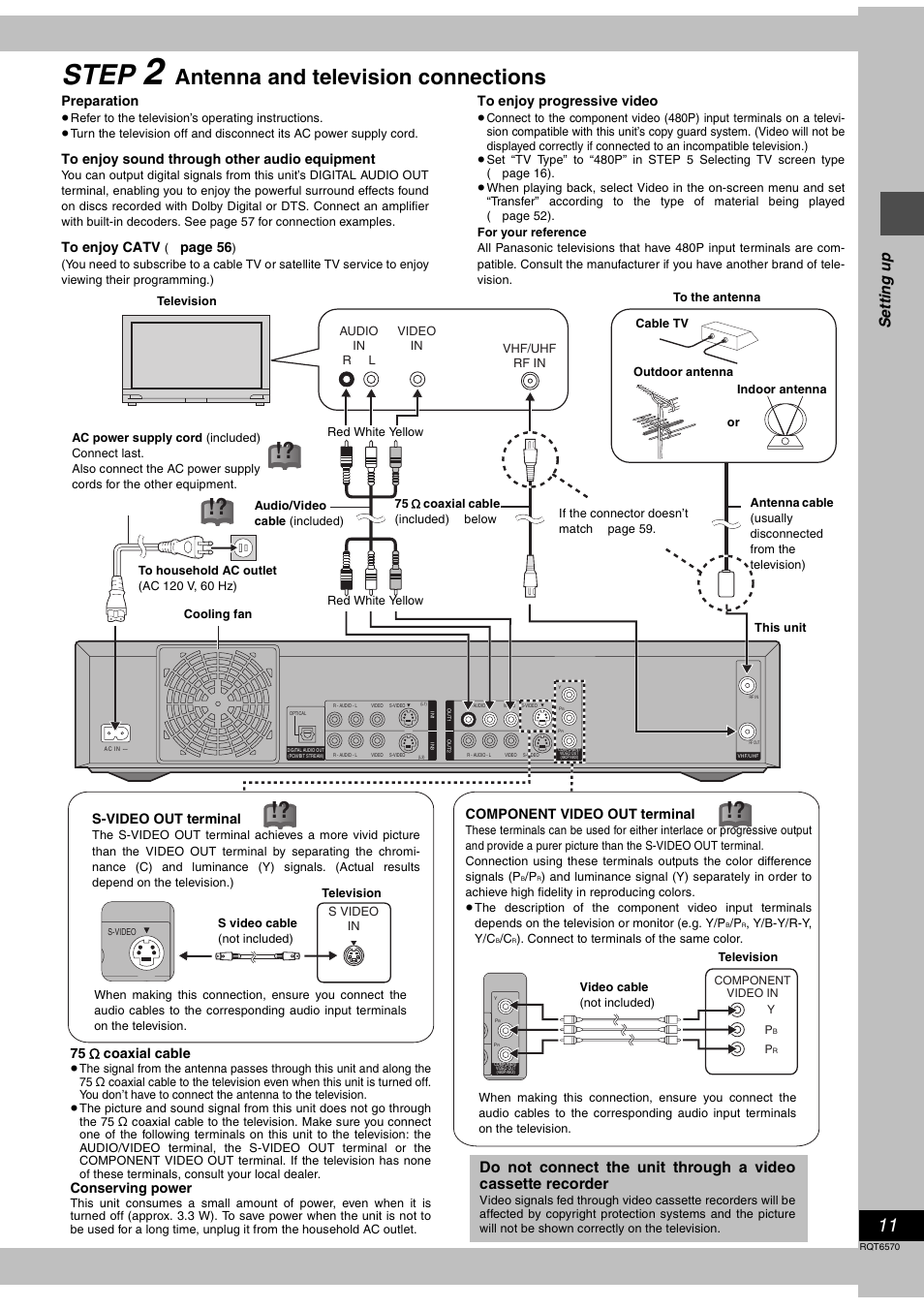 Step 2 antenna and television connections, Step, Antenna and television connections | Se tt ing up | Panasonic DMR-HS2 User Manual | Page 11 / 76
