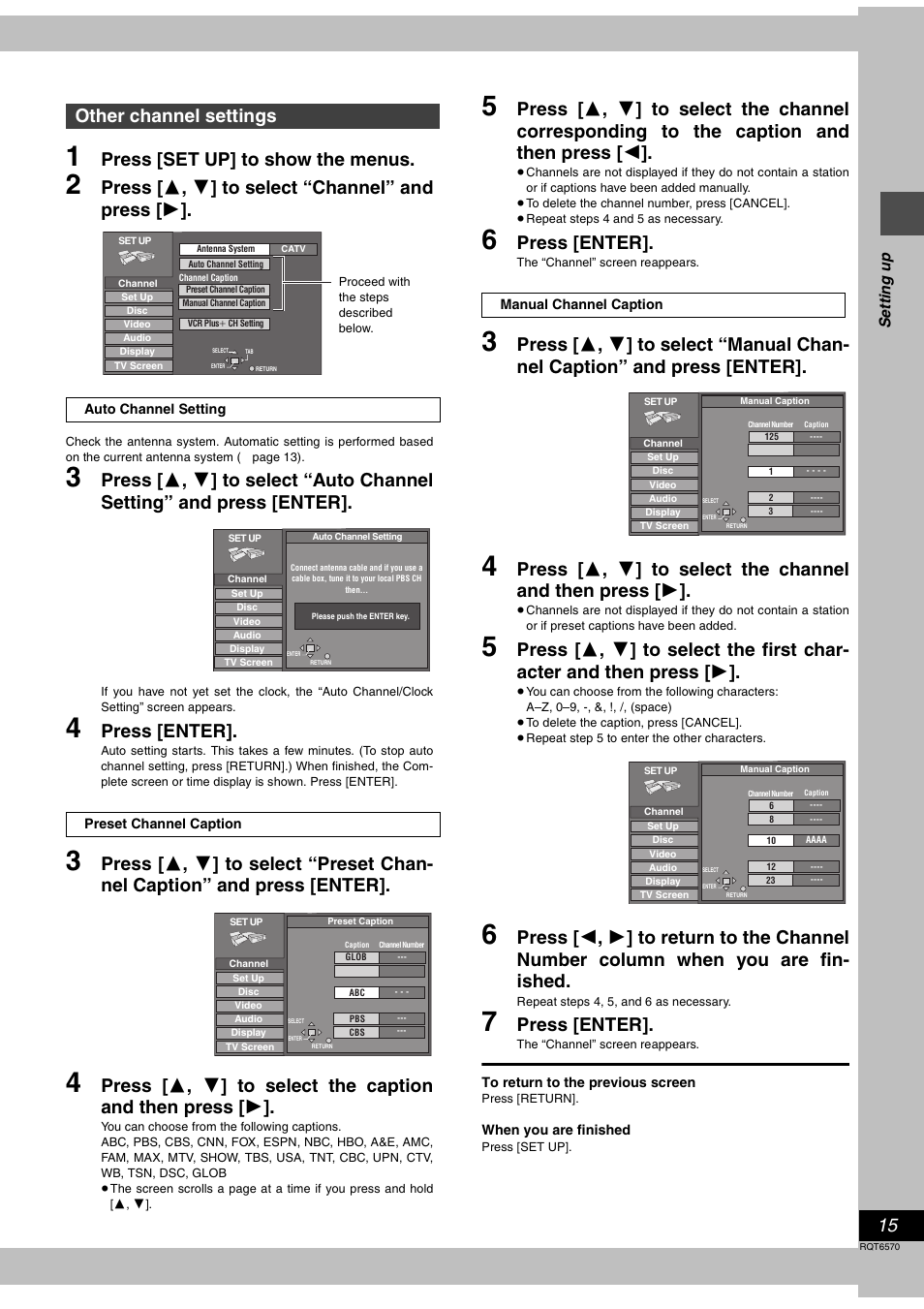 Press [set up] to show the menus, Press [ 3 , 4 ] to select “channel” and press [ 1, Press [enter | Other channel settings | Panasonic DMR-HS2 User Manual | Page 15 / 76
