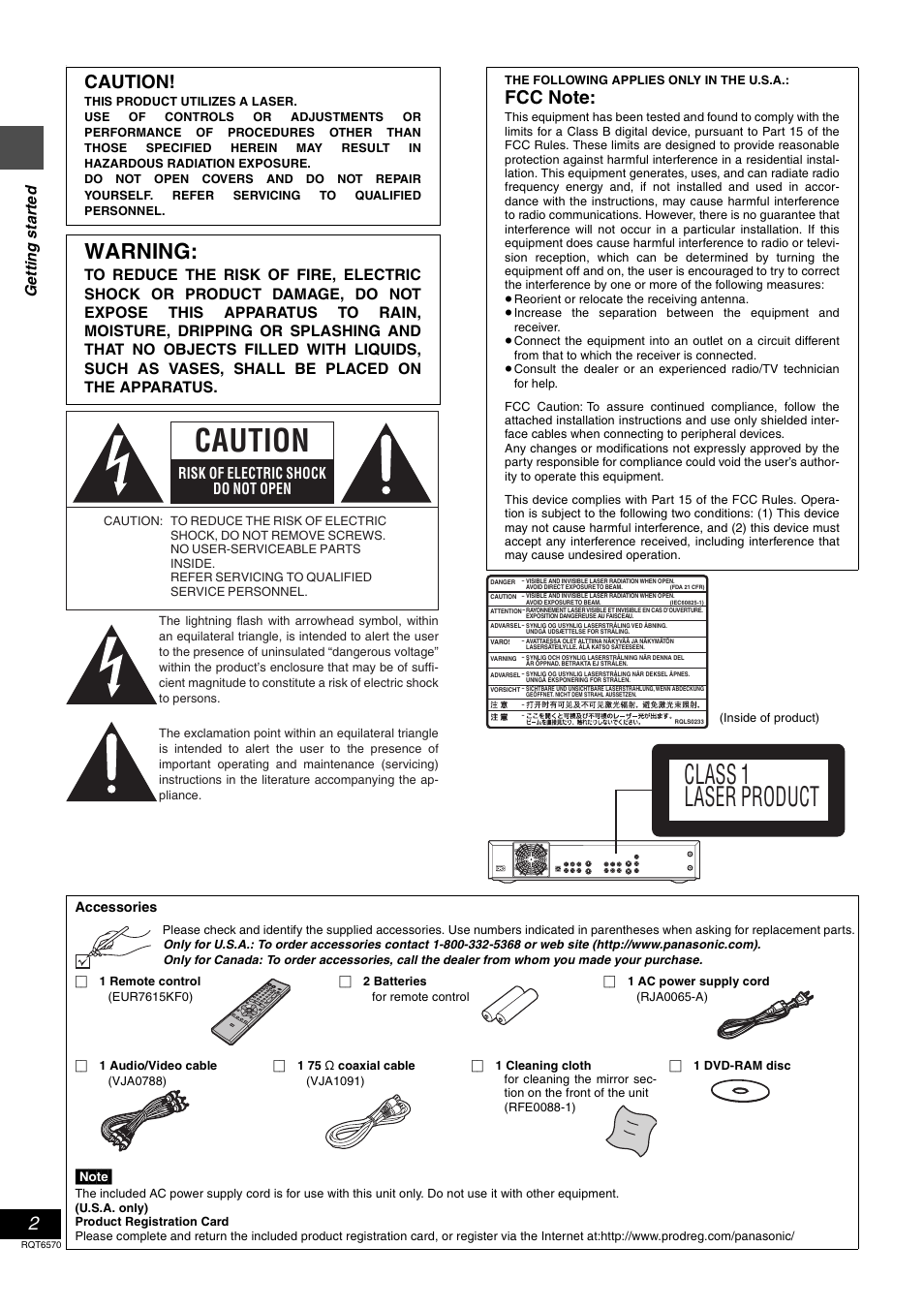 Getting started, Accessories, Class 1 laser product | Warning, Caution, Risk of electric shock do not open, Ge tt in g s ta rte d | Panasonic DMR-HS2 User Manual | Page 2 / 76