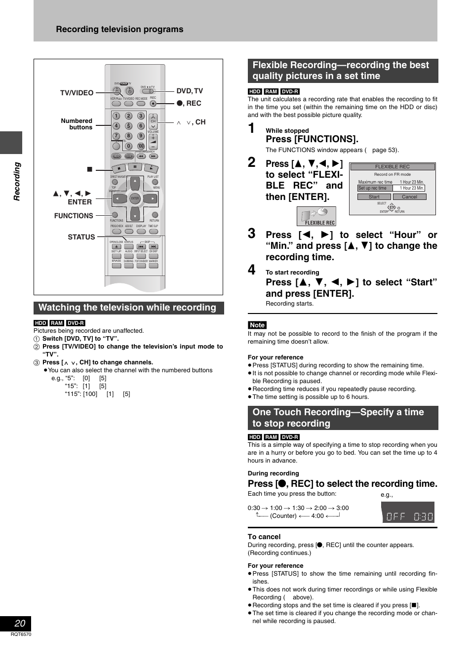 Press [functions, Press [ ¥ , rec] to select the recording time, Watching the television while recording | Recording television programs | Panasonic DMR-HS2 User Manual | Page 20 / 76