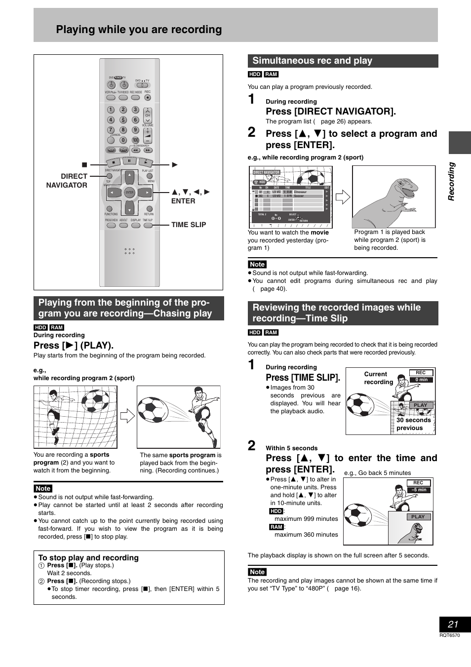 Playing while you are recording, Press [ 1 ] (play), Press [direct navigator | Press [time slip, Press [ 3 , 4 ] to enter the time and press [enter, Reco rd in g | Panasonic DMR-HS2 User Manual | Page 21 / 76