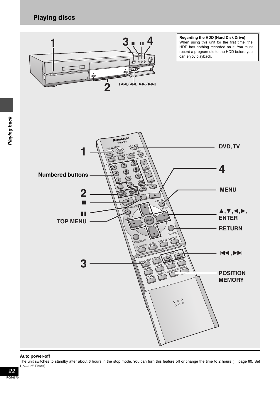 Playing back, Playing discs | Panasonic DMR-HS2 User Manual | Page 22 / 76