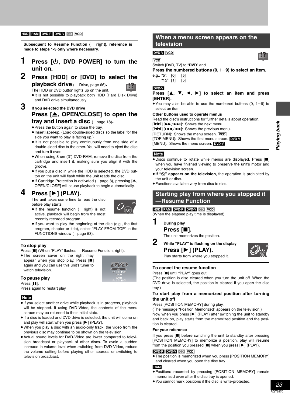 Press [ í , dvd power] to turn the unit on, Press [hdd] or [dvd] to select the playback drive, Press [ 1 ] (play) | Press | Panasonic DMR-HS2 User Manual | Page 23 / 76