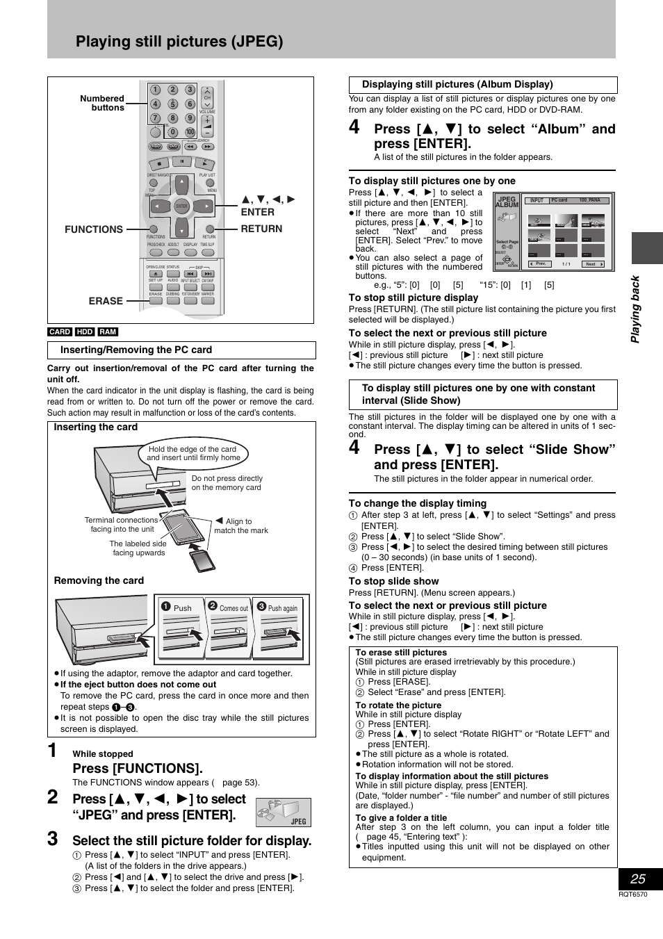 Playing still pictures (jpeg), Press [functions, Select the still picture folder for display | Press [ 3 , 4 ] to select “album” and press [enter | Panasonic DMR-HS2 User Manual | Page 25 / 76