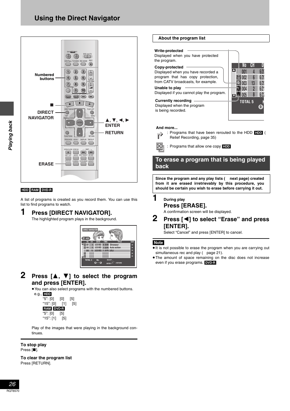 Using the direct navigator, Press [direct navigator, Press [erase | Press [ 2 ] to select “erase” and press [enter, No da ch, Pla y ing ba c k | Panasonic DMR-HS2 User Manual | Page 26 / 76