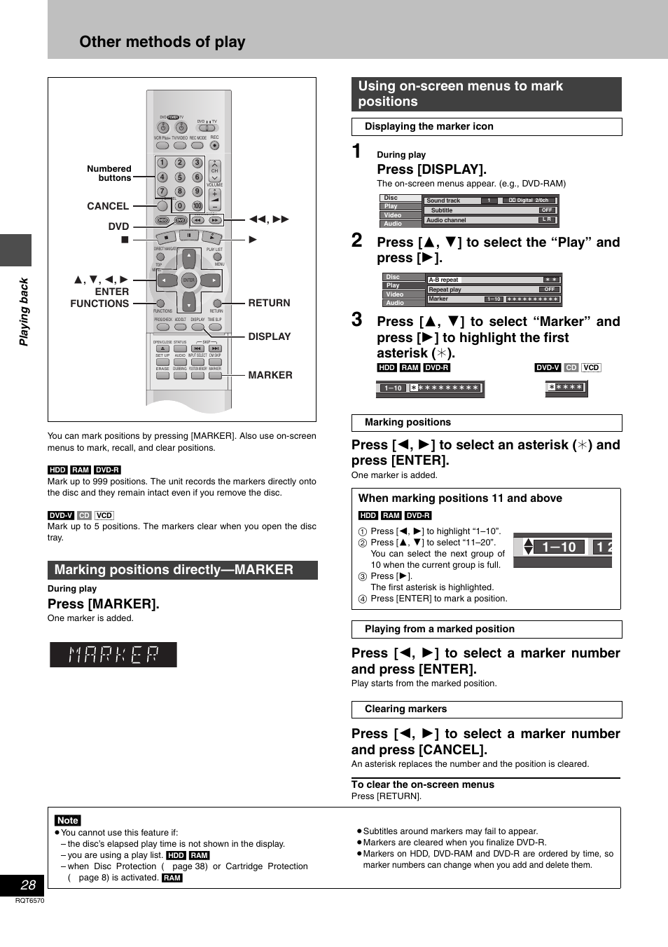 Other methods of play, Press [marker, Press [display | Press [ 3 , 4 ] to select the “play” and press [ 1, Marking positions directly—marker, Using on-screen menus to mark positions | Panasonic DMR-HS2 User Manual | Page 28 / 76