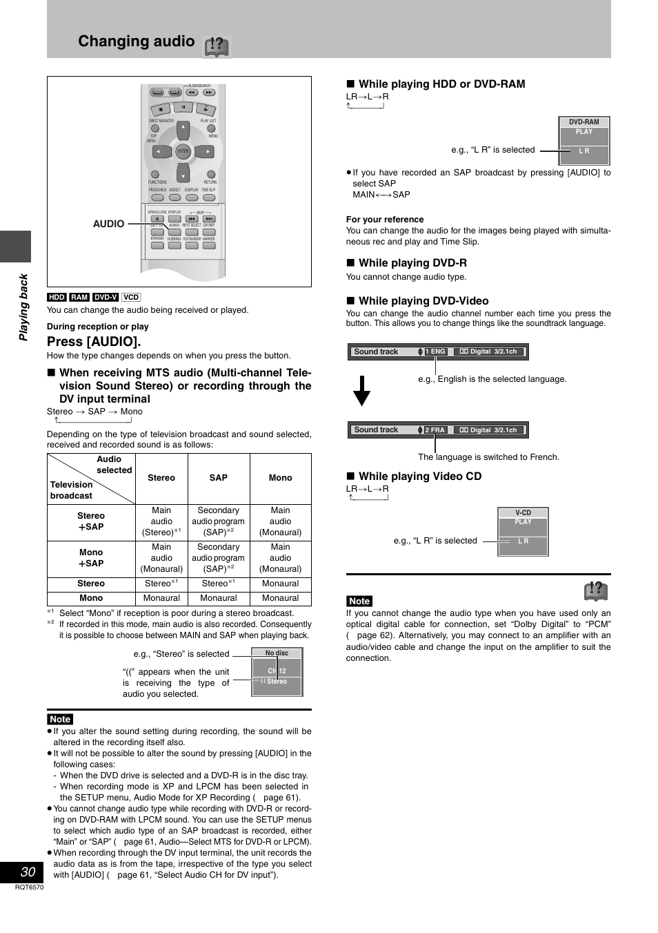 Changing audio, Press [audio, Pla y ing ba c k | While playing hdd or dvd-ram, While playing dvd-r, While playing dvd-video, While playing video cd | Panasonic DMR-HS2 User Manual | Page 30 / 76