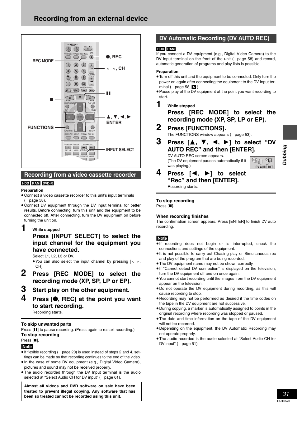 Dubbing, Recording from an external device, Start play on the other equipment | Press [functions, Press [ 2 , 1 ] to select “rec” and then [enter, Recording from a video cassette recorder, Dv automatic recording (dv auto rec) | Panasonic DMR-HS2 User Manual | Page 31 / 76