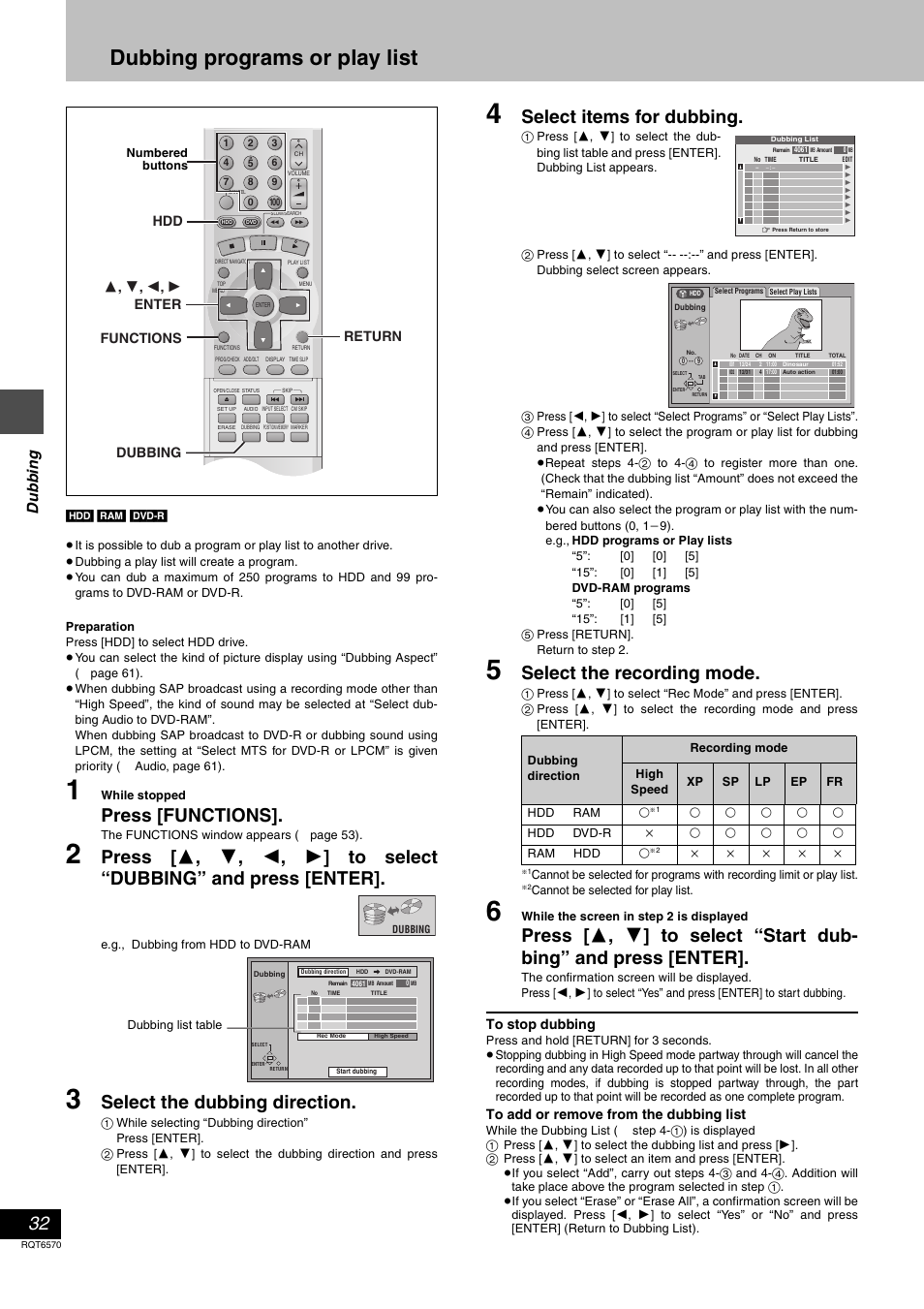 Dubbing programs or play list, Press [functions, Select the dubbing direction | Select items for dubbing, Select the recording mode, Du bbing | Panasonic DMR-HS2 User Manual | Page 32 / 76