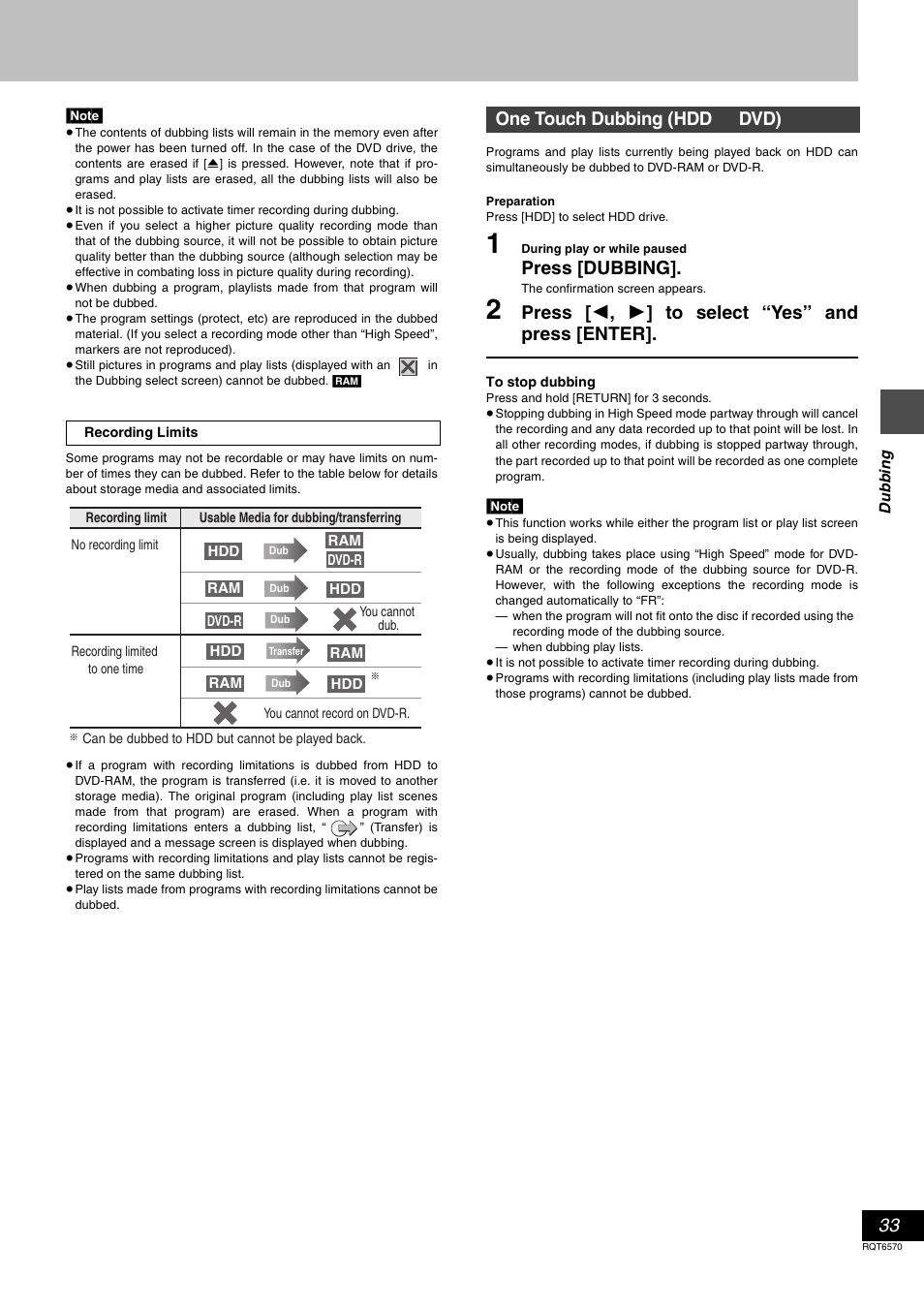 Press [dubbing, Press [ 2 , 1 ] to select “yes” and press [enter, One touch dubbing (hdd ➜ dvd) | Panasonic DMR-HS2 User Manual | Page 33 / 76