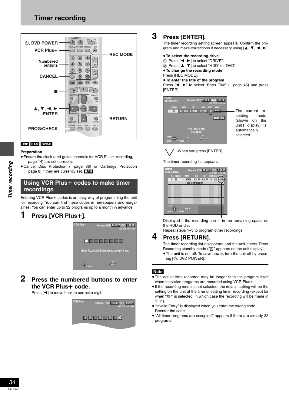 Timer recording, Press [vcr plus r, Press [enter | Press [return, Using vcr plus r codes to make timer recordings, Time r r eco rd in g | Panasonic DMR-HS2 User Manual | Page 34 / 76