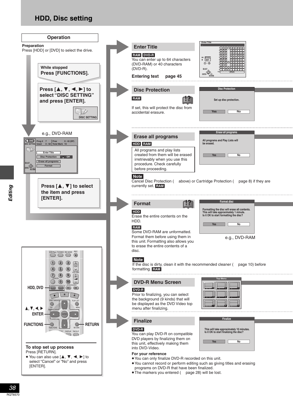 Editing, Hdd, disc setting, Enter title | Disc protection format finalize, Dvd-r menu screen, Operation, Erase all programs, Ed it ing, 3, 4 , 2 , 1 enter return functions hdd, dvd, E.g., dvd-ram to stop set up process | Panasonic DMR-HS2 User Manual | Page 38 / 76