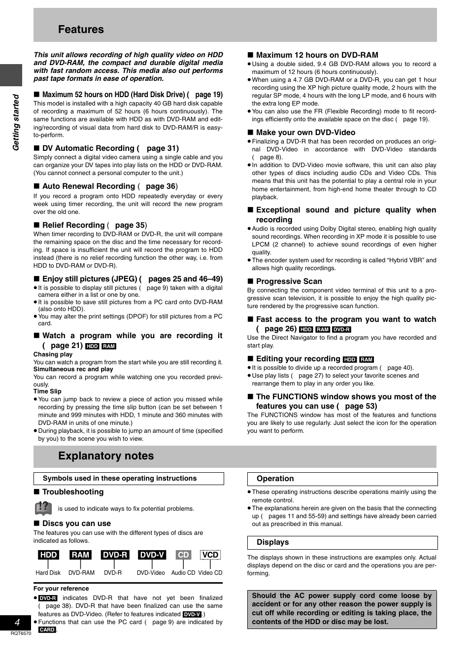 Features, Explanatory notes, Hdd] [ram] [dvd-r] [dvd-v] [cd] [vcd | Panasonic DMR-HS2 User Manual | Page 4 / 76