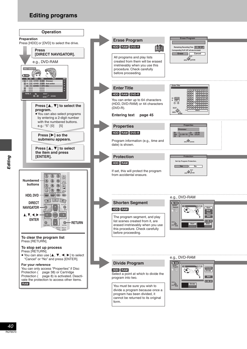 Editing programs, Erase program enter title properties, Shorten segment operation | Protection, Divide program, Ed it ing, Entering text, Page 45, E.g., dvd-ram, Numbered buttons | Panasonic DMR-HS2 User Manual | Page 40 / 76