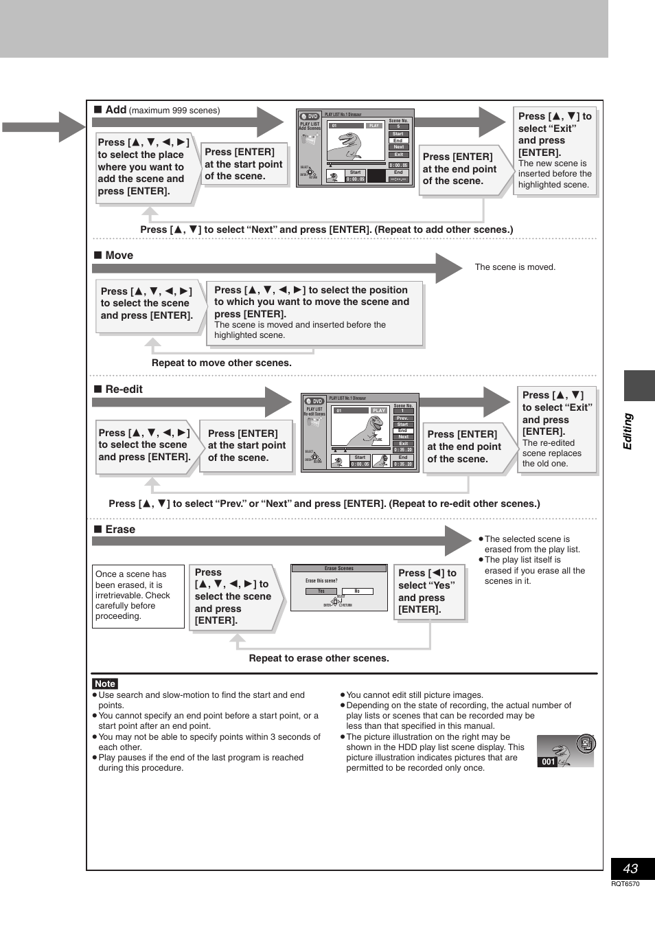 Erase ∫ re-edit ∫ move, Ed it ing | Panasonic DMR-HS2 User Manual | Page 43 / 76
