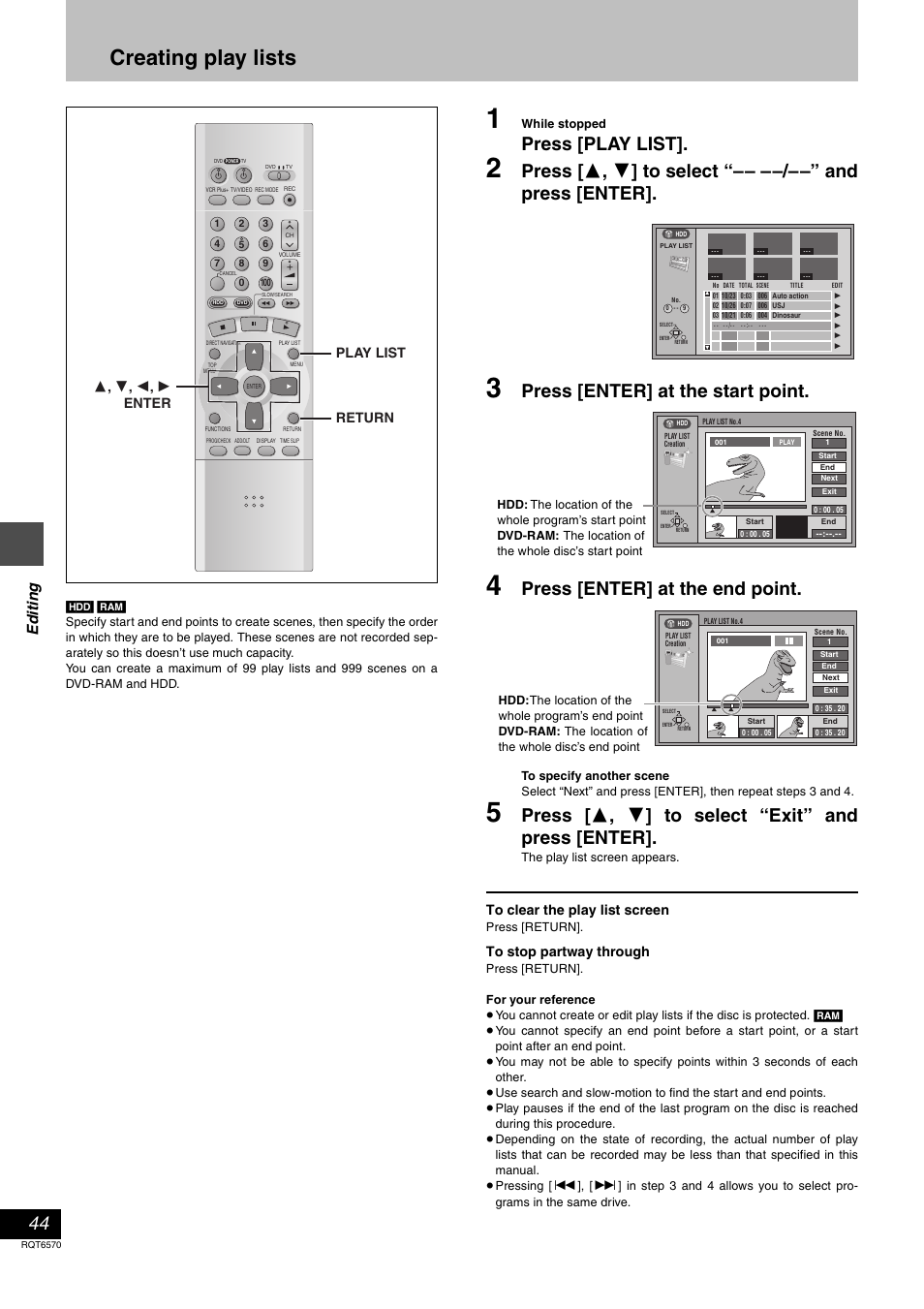 Creating play lists, Press [play list, Press [enter] at the start point | Press [enter] at the end point, Press [ 3 , 4 ] to select “exit” and press [enter, Ed it ing, 3, 4 , 2 , 1 enter return play list | Panasonic DMR-HS2 User Manual | Page 44 / 76
