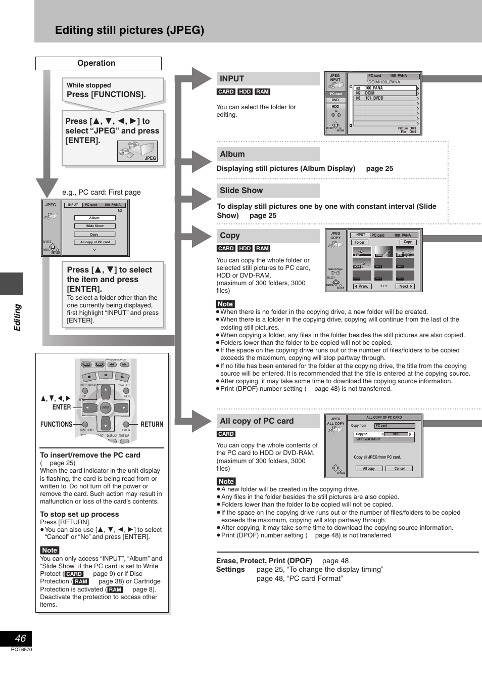 Editing still pictures (jpeg), Input, Album copy operation | Slide show, All copy of pc card, Ed it ing, 3, 4 , 2 , 1 enter return functions, E.g., pc card: first page, Erase, protect, print (dpof), Page 48 settings | Panasonic DMR-HS2 User Manual | Page 46 / 76