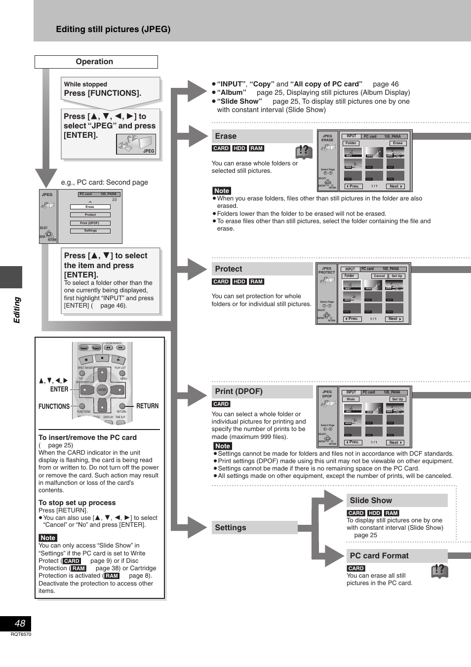 Editing still pictures (jpeg), Erase, Protect print (dpof) operation | Settings, Press [functions, Ed it ing, 3, 4 , 2 , 1 enter return functions | Panasonic DMR-HS2 User Manual | Page 48 / 76