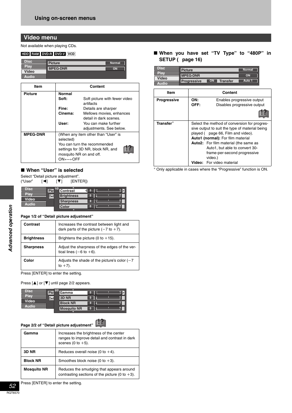Video menu, Using on-screen menus | Panasonic DMR-HS2 User Manual | Page 52 / 76