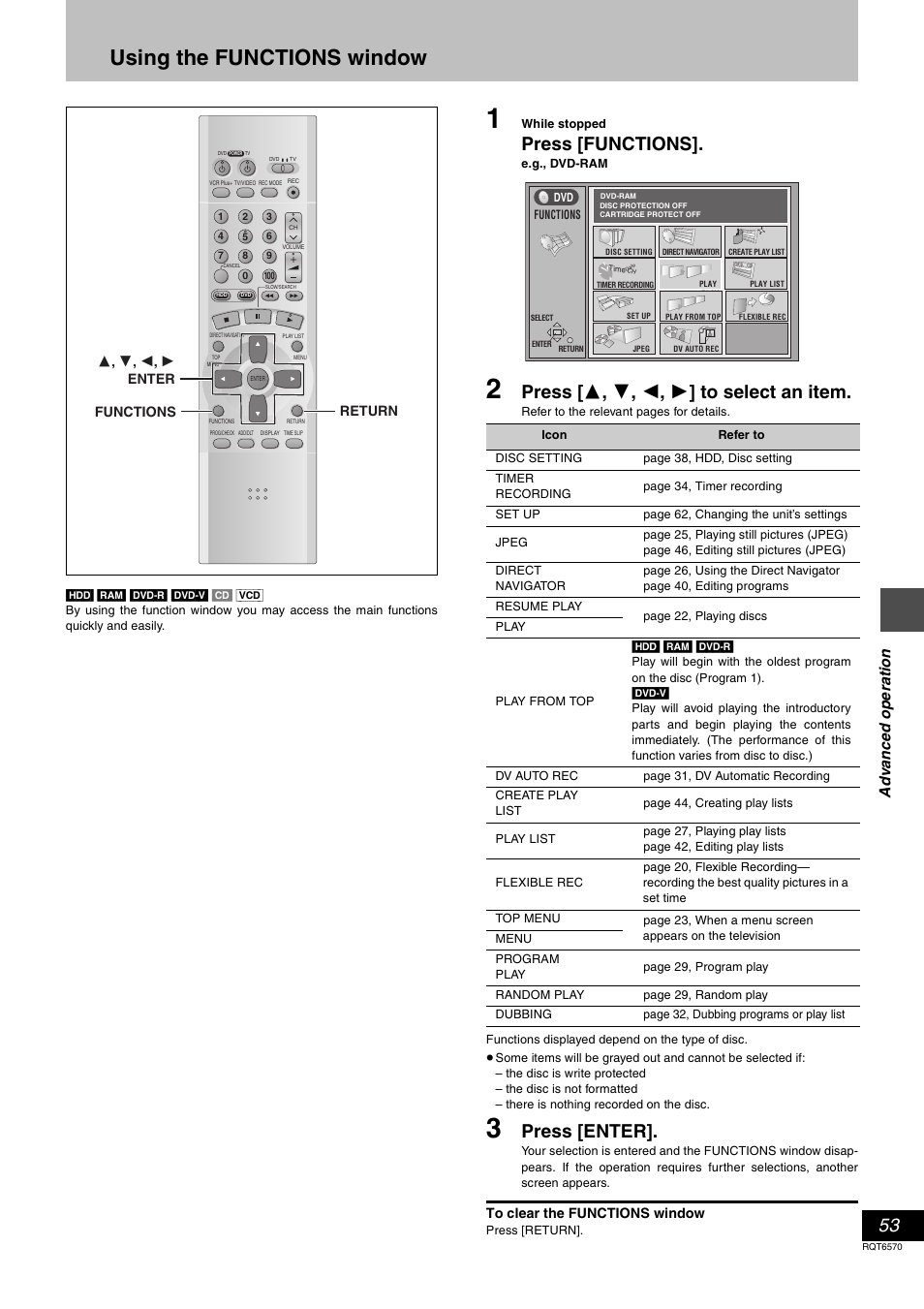 Using the functions window, Press [functions, Press [ 3 , 4 , 2 , 1 ] to select an item | Press [enter, Ad v a nc e d op e ra tion | Panasonic DMR-HS2 User Manual | Page 53 / 76