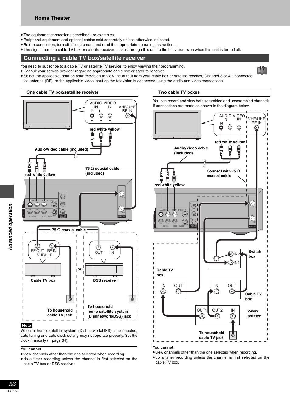 Connecting a cable tv box/satellite receiver, Home theater, Ad v a nc e d op e ra tion | One cable tv box/satellite receiver, Two cable tv boxes | Panasonic DMR-HS2 User Manual | Page 56 / 76