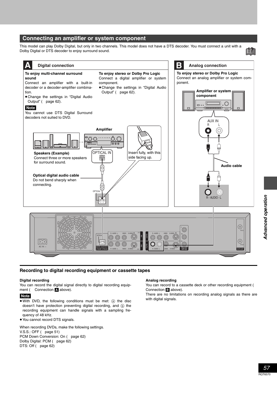 Connecting an amplifier or system component, Ad v a nc e d op e ra tion | Panasonic DMR-HS2 User Manual | Page 57 / 76