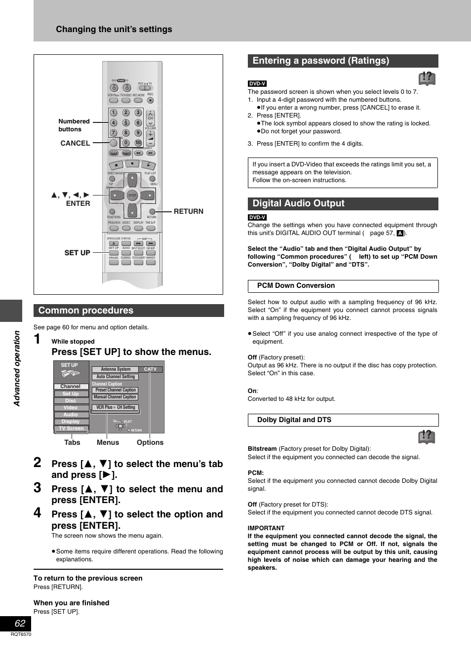 Press [set up] to show the menus, Common procedures, Entering a password (ratings) | Digital audio output, Changing the unit’s settings | Panasonic DMR-HS2 User Manual | Page 62 / 76