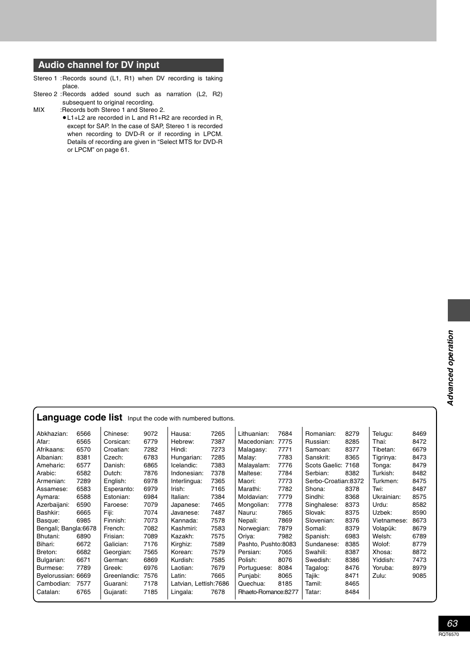 Audio channel for dv input language code list | Panasonic DMR-HS2 User Manual | Page 63 / 76