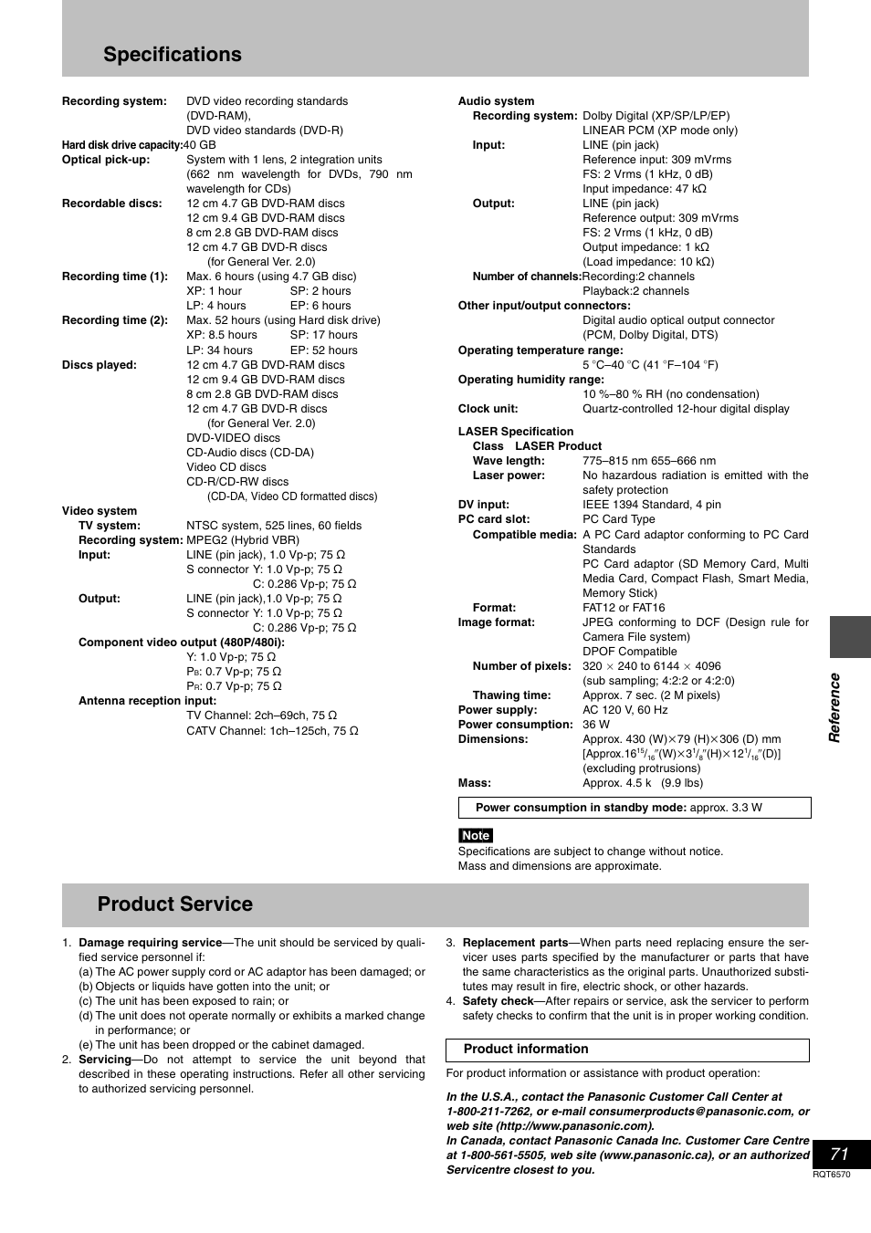 Specifications, Product service | Panasonic DMR-HS2 User Manual | Page 71 / 76