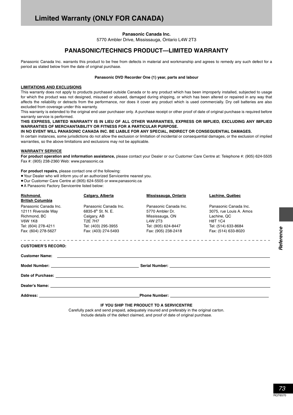 Limited warranty (only for canada), Panasonic/technics product—limited warranty | Panasonic DMR-HS2 User Manual | Page 73 / 76