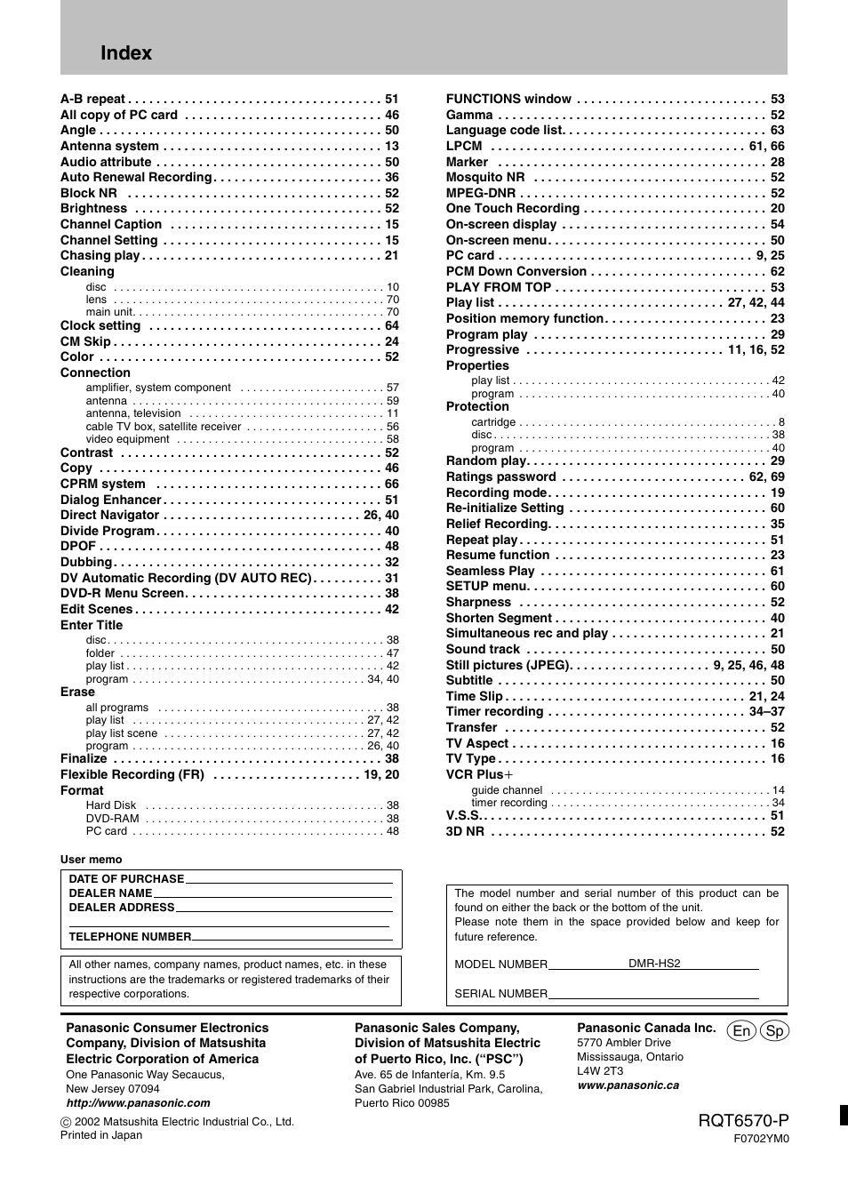 Index, Rqt6570-p | Panasonic DMR-HS2 User Manual | Page 76 / 76