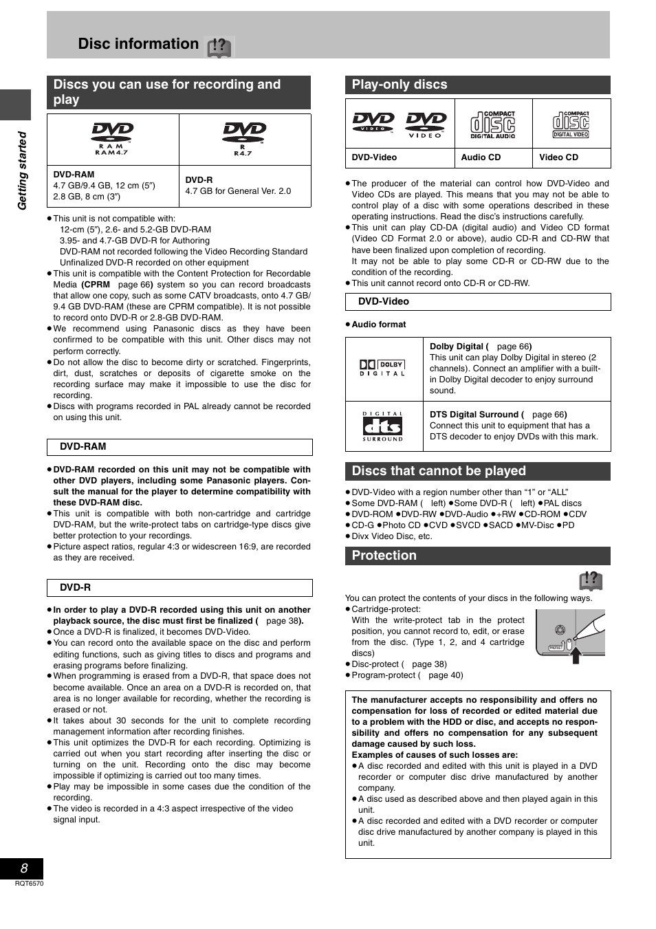 Disc information, Discs you can use for recording and play, Play-only discs | Discs that cannot be played protection | Panasonic DMR-HS2 User Manual | Page 8 / 76