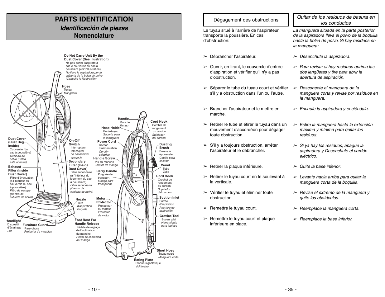 Parts identification, Nomenclature, Identificacion de piezas | Identificación de piezas nomenclature, Off on | Panasonic MC-V5706 User Manual | Page 10 / 44