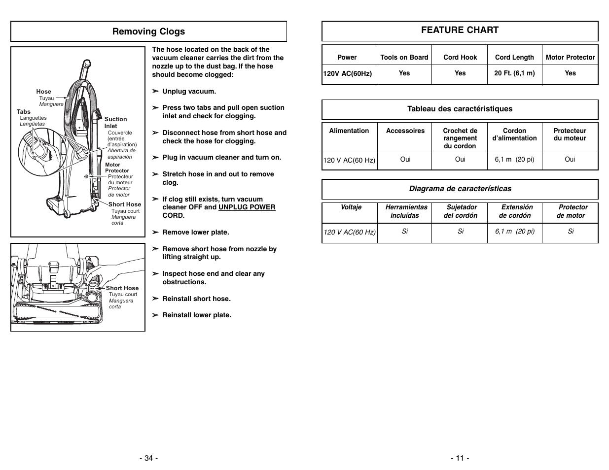 Feature chart, Tableau des caracteristiques, Diagrama de caracteristicas | Removing clogs | Panasonic MC-V5706 User Manual | Page 11 / 44