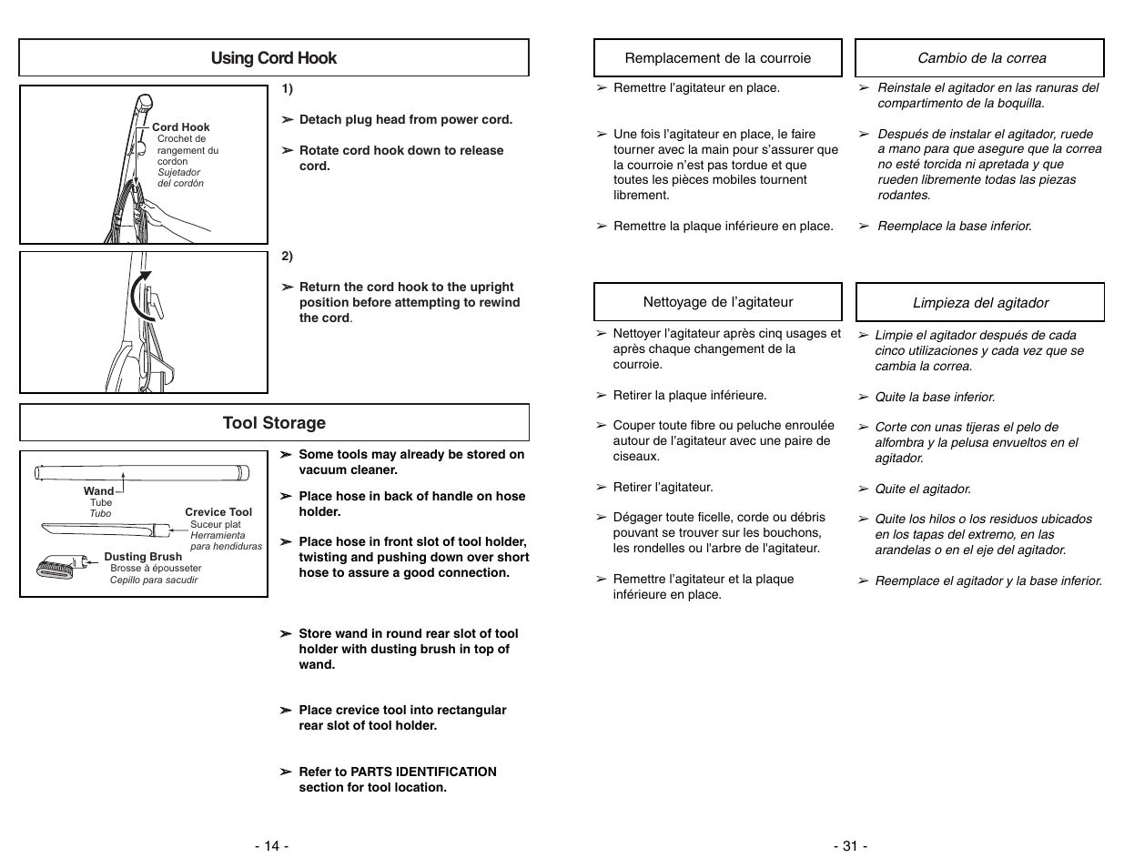 Using cord hook, Tool storage, Using cord hook tool storage | Panasonic MC-V5706 User Manual | Page 14 / 44