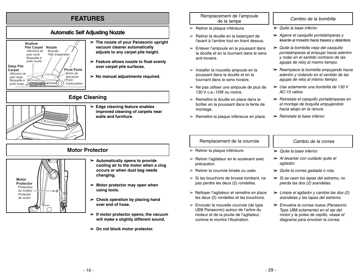 Features, Automatic self adjusting nozzle, Edge cleaning | Motor protector | Panasonic MC-V5706 User Manual | Page 16 / 44